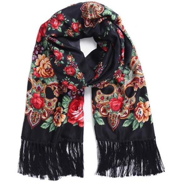 Black Floral Paisley Printed Tassel Scarf Neck Wrap Long Pashmina Shawl Tartan - Picture 2 of 6